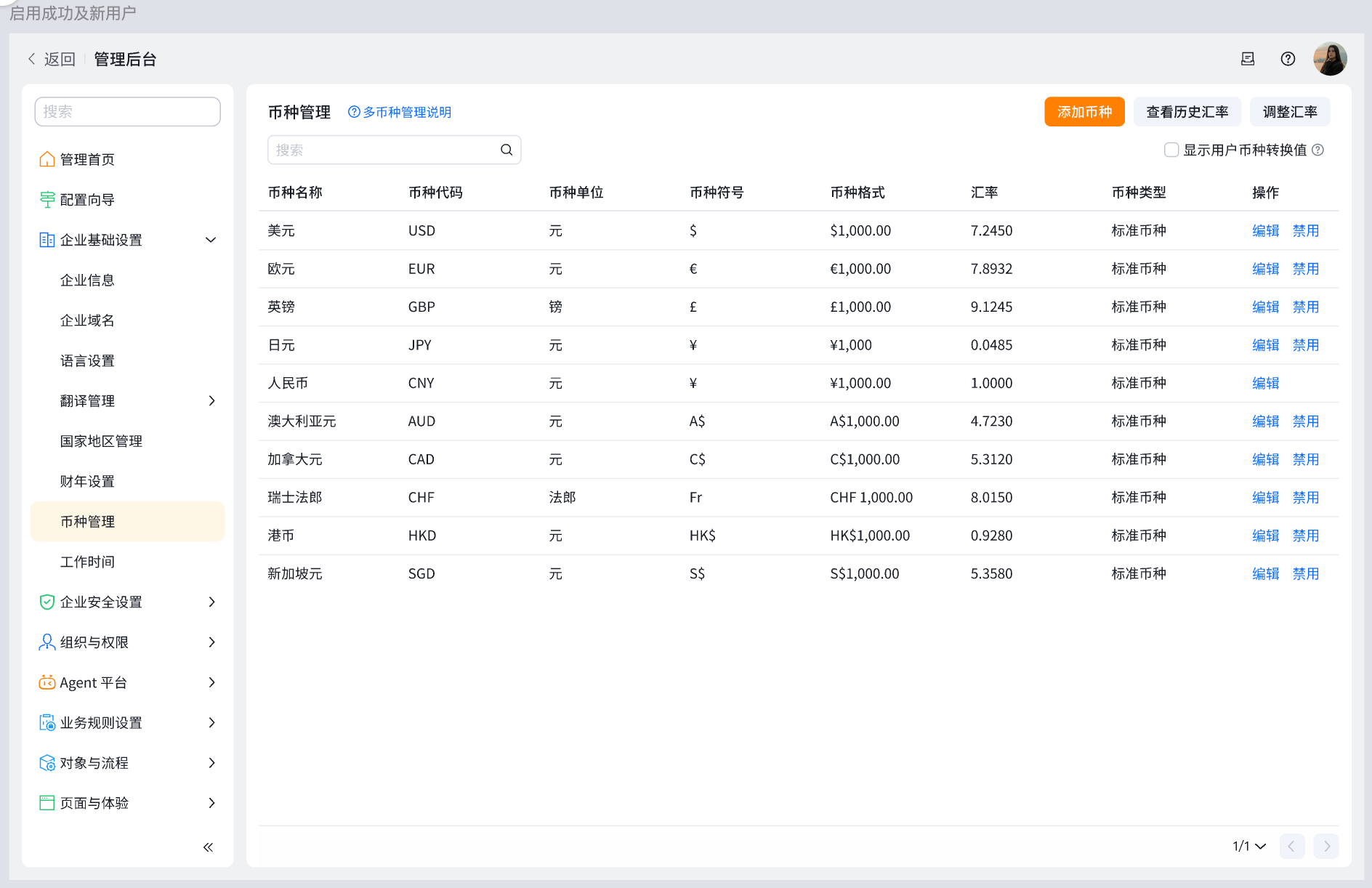 新企业及已开启统一换算的历史企业币种列表